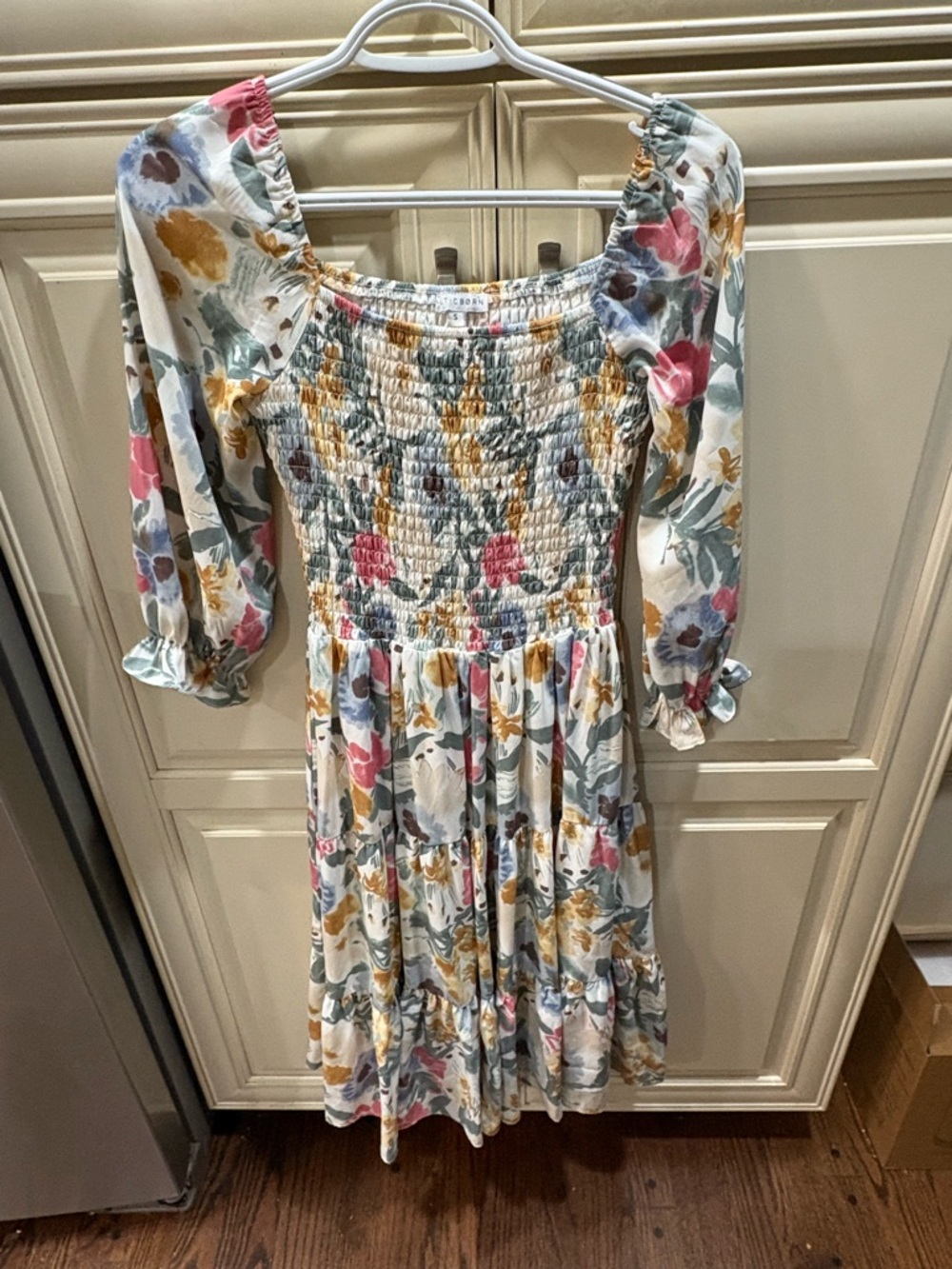 BALTIC BORN Floral Tiered Square-Neck Dress in Cream Pink Boho Small - Picture 4 of 13